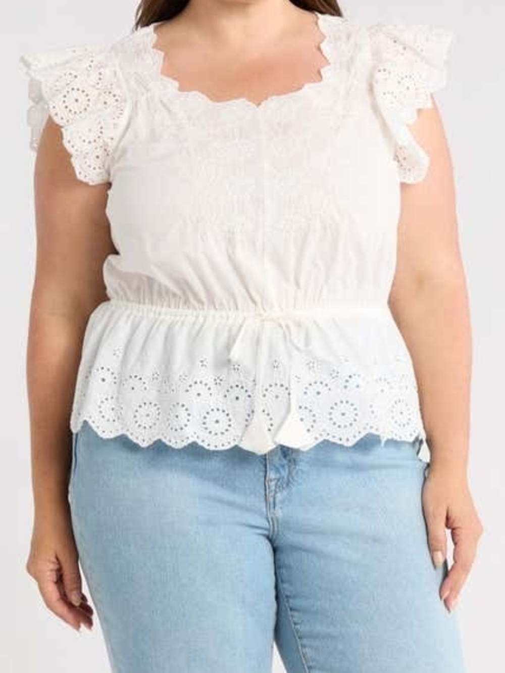 Democracy White Embroidered Eyelet  Flutter Sleeve Peplum Top 1X & 2X Available